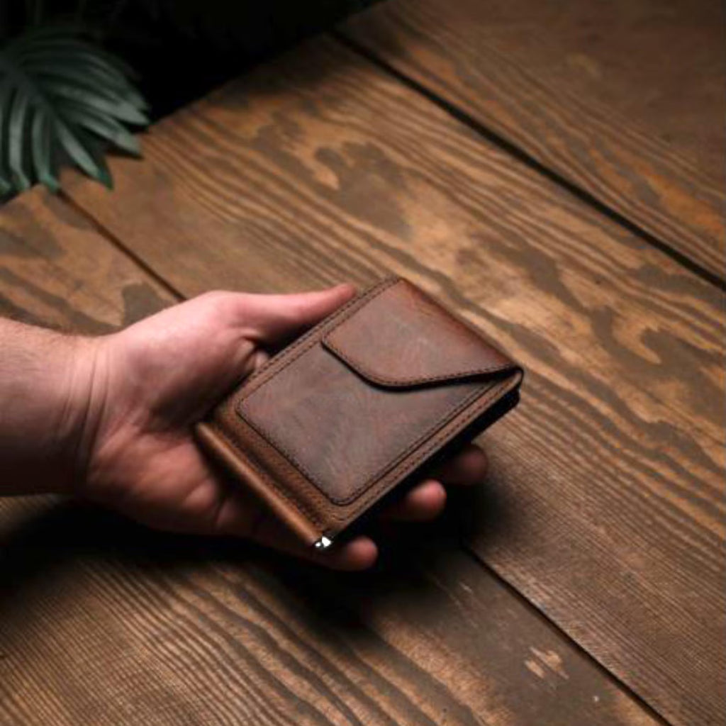Rustic Genuine Leather Bifold Wallet with Money Clip