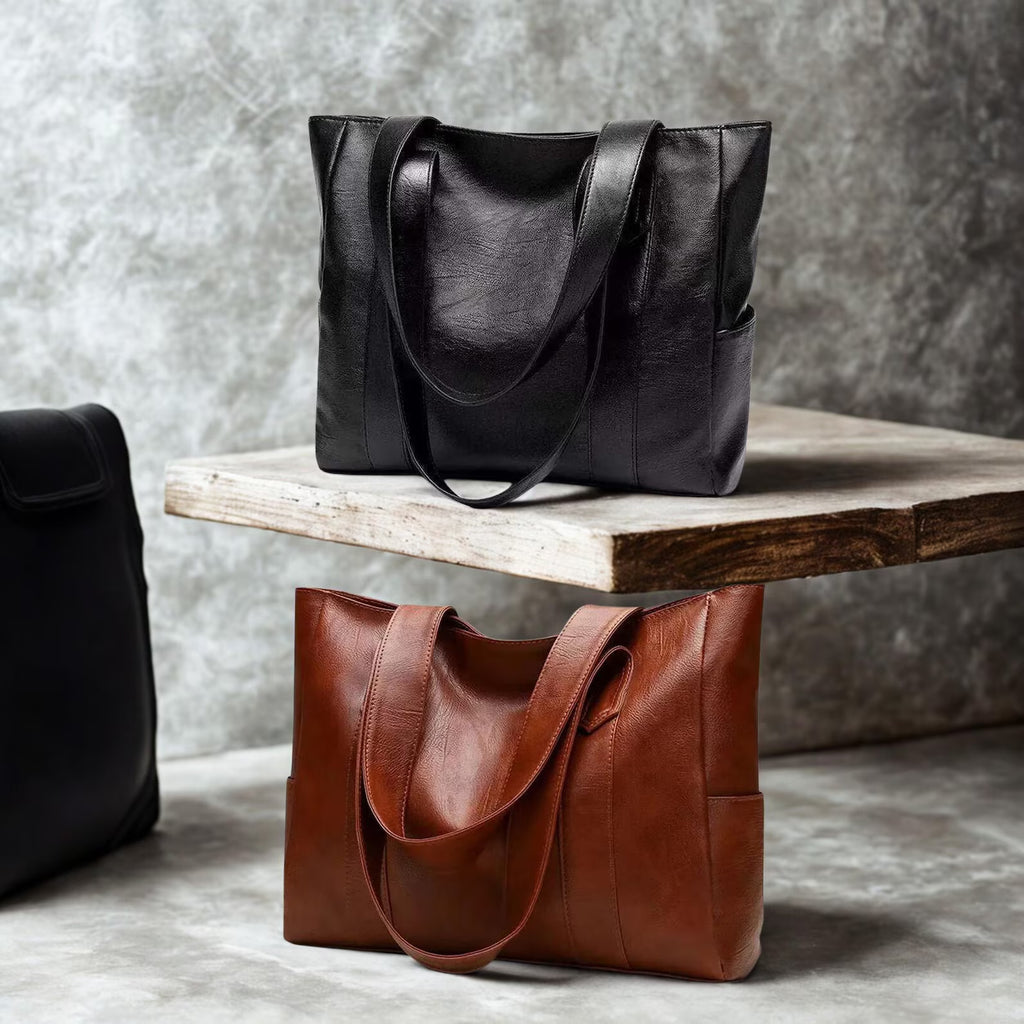 Minimalist Genuine Leather Tote Bag for Women – Large Everyday Shoulder Bag (Brown)