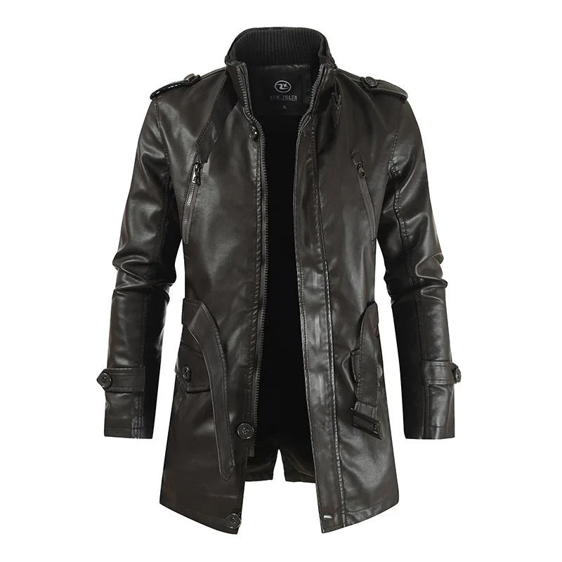 Men’s Thick PU Leather Jacket – Stand-Up Collar Medium/Long Autumn Winter Coat