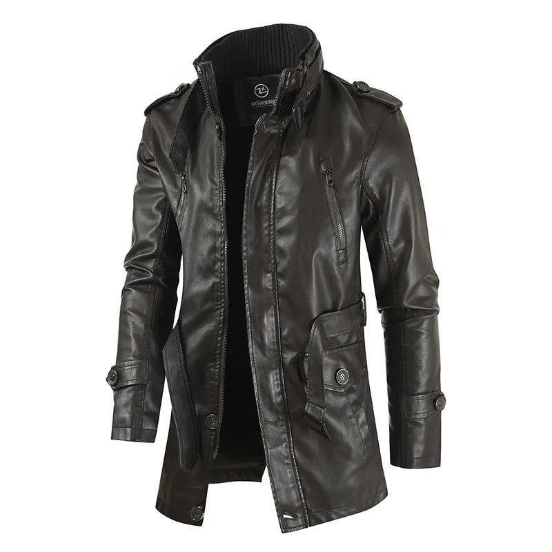 Men’s Thick PU Leather Jacket – Stand-Up Collar Medium/Long Autumn Winter Coat