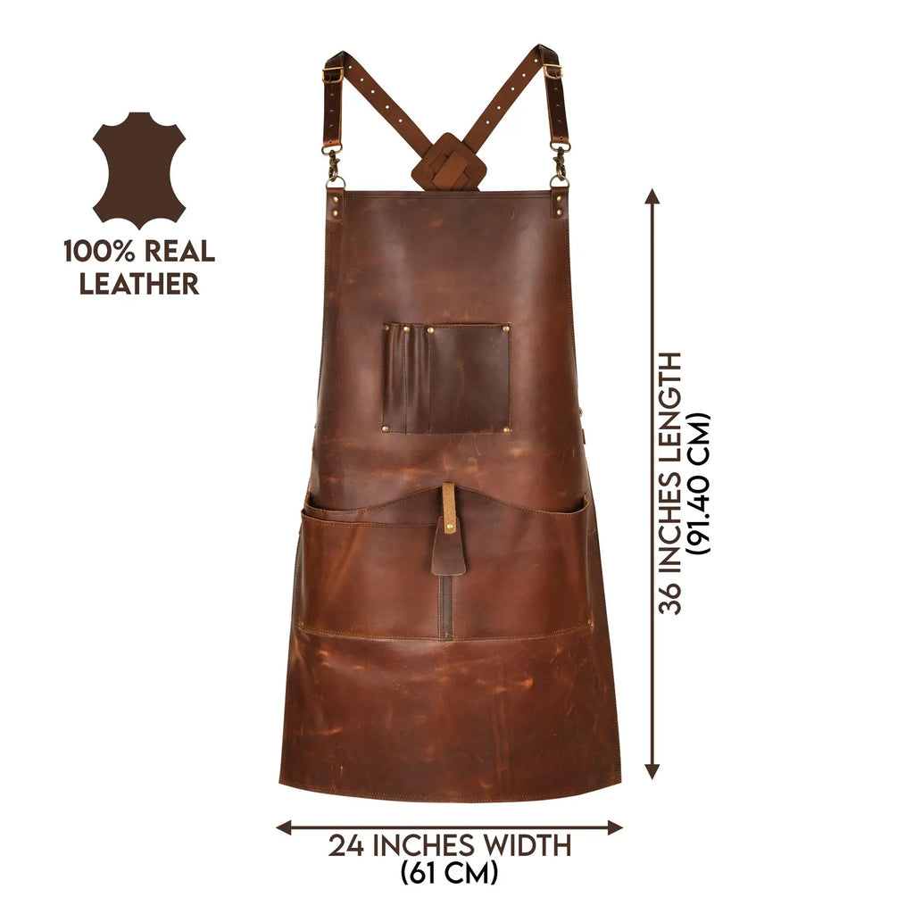 Handmade Full Grain Leather Apron for Men and Women - With Tool Pockets