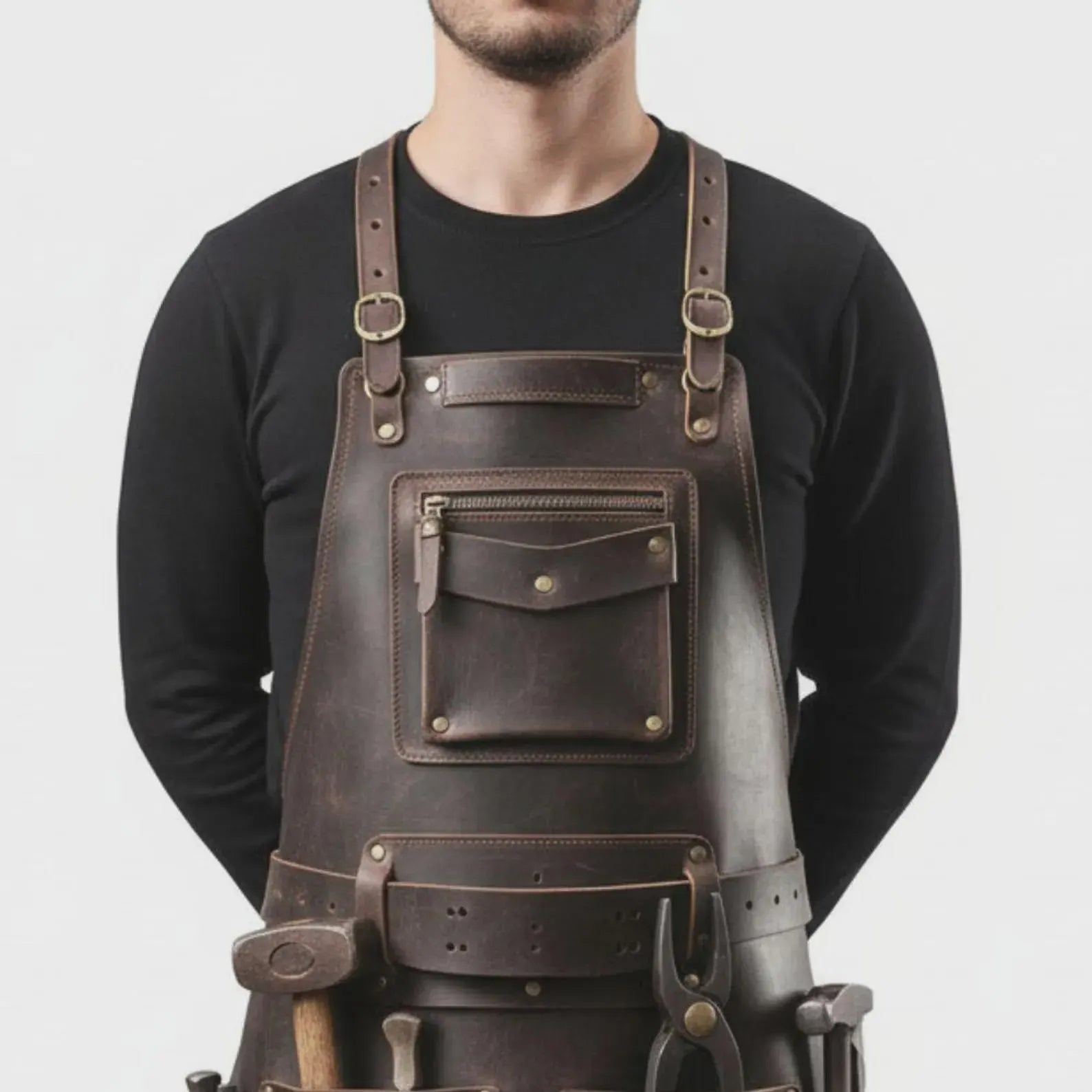 Men’s Full-Grain Leather Work Apron | Professional Tool Apron with Pockets