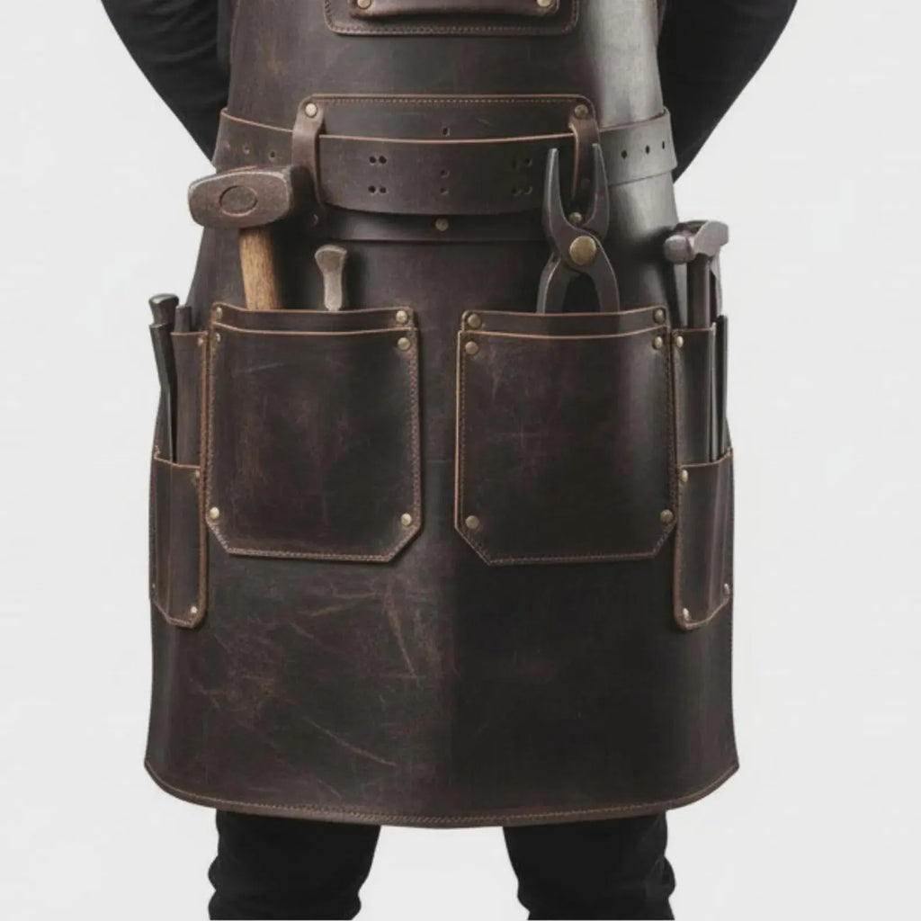 Men’s Full-Grain Leather Work Apron | Professional Tool Apron with Pockets