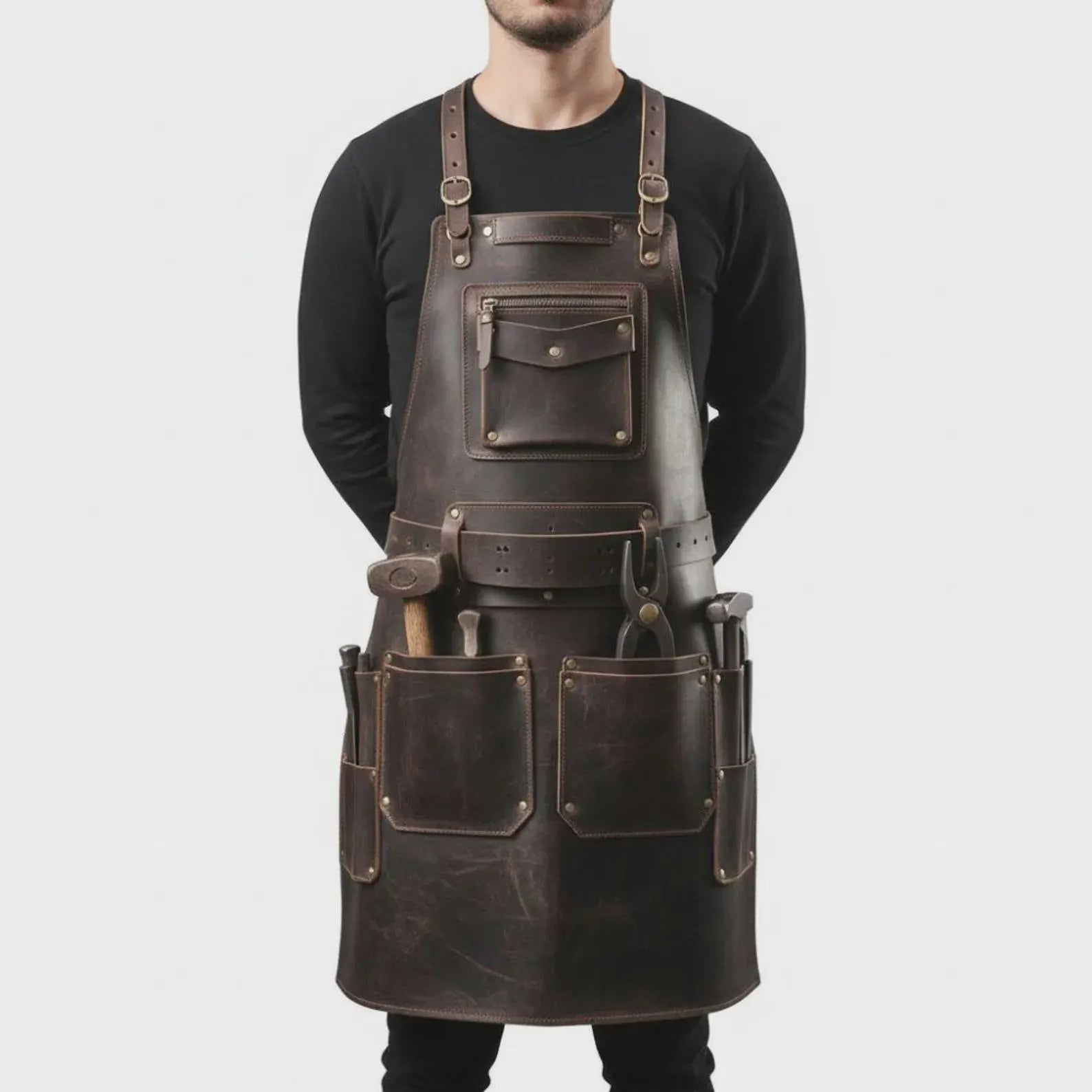 Men’s Full-Grain Leather Work Apron | Professional Tool Apron with Pockets