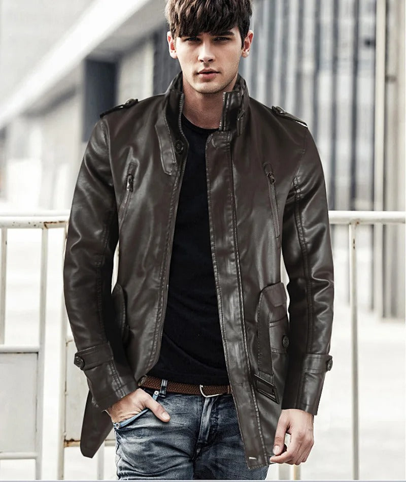 Men’s Thick PU Leather Jacket – Stand-Up Collar Medium/Long Autumn Winter Coat