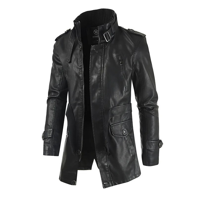 Men’s Thick PU Leather Jacket – Stand-Up Collar Medium/Long Autumn Winter Coat