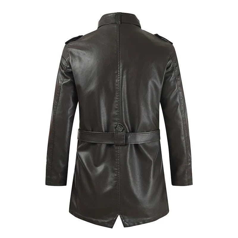 Men’s Thick PU Leather Jacket – Stand-Up Collar Medium/Long Autumn Winter Coat