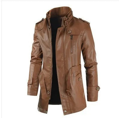 Men’s Thick PU Leather Jacket – Stand-Up Collar Medium/Long Autumn Winter Coat